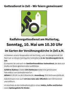 Einladung zum Radfahrergottesdienst am 10. Mai um 10.30 Uhr im Garten der Versöhnungskirche in Zell am Main 