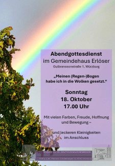 Einladung zum Abendgottesdienst am 18. Oktober um 17 Uhr im Gemeindehaus der Erlöserkirche