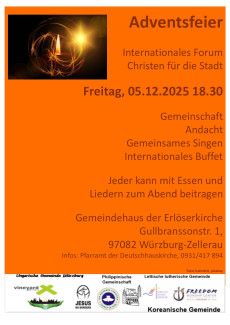 Einladung zur Adventsfeier des "Internationalen Forums Christen für die Stadt" am 5.12. um 18.30 Uhr im Gemeindehaus der Erlöserkirche.