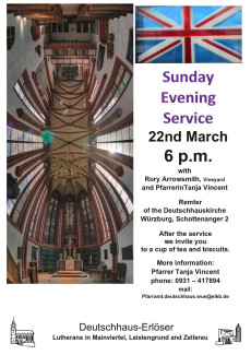 Einladung zum englischen Gottesdienst am 22. März um 18 Uhr in der Deutschhauskirche.
