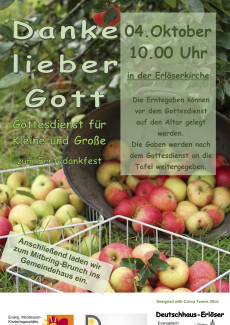 Einladung zum Erntedankgottesdienst für Große und Kleine am  4. Oktober um 10 Uhr in der Erlöserkirche