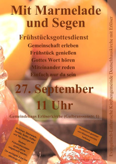 Einladung zum Frühstücksgottesdienst am 27. September um 11 Uhr im Gemeindehaus der Erlöserkirche.