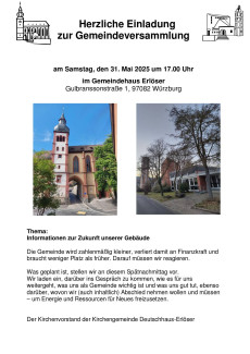 Gemeindeversammlung, 31. Mai, 17 Uhr, Gemeindehaus Erlöserkirche, Thema: Informationen zur Zukunft unserer Gebäude: