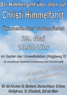 ökumenischer Gottesdienst an Christi Himmelfahrt um 10 Uhr im Garten der Umweltstation, Nigglweg 5, Würzburg, bei Regen in der Deutschhauskirche
