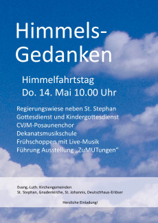Einladung zum gemeinsamen Innenstadt-Himmelfahrt-Gottesdienst auf der Regierungswiese neben St. Stephan am 14. Mai um 10 Uhr
