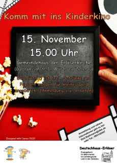 Einladung zum Kinderkino am 15. November um 15 Uhr im Gemeindehaus der Erlöserkirche. Bitte anmelden.