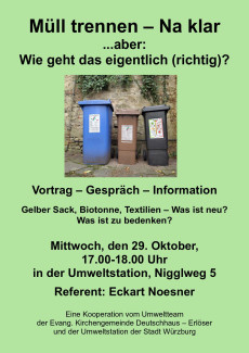 Einladung zur Infoveranstaltung zum richtigen Müll trennen am 29. Oktober um 17 Uhr in der Umweltstation Würzburg/Zellerau