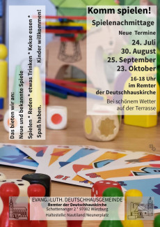 Einladung zu den Spielenachmittagen im Remter am 24.7, 30.8., 25.9. und 23.10. von  16 - 18 Uhr