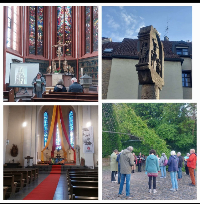 Abendgottesdienst auf dem Weg – im Zeichen der Muschel: Collage -in der Deutschhauskirche, der Bildstock, in der Don Bosco Kirche und dem alten Landesgartenschaugelände.
